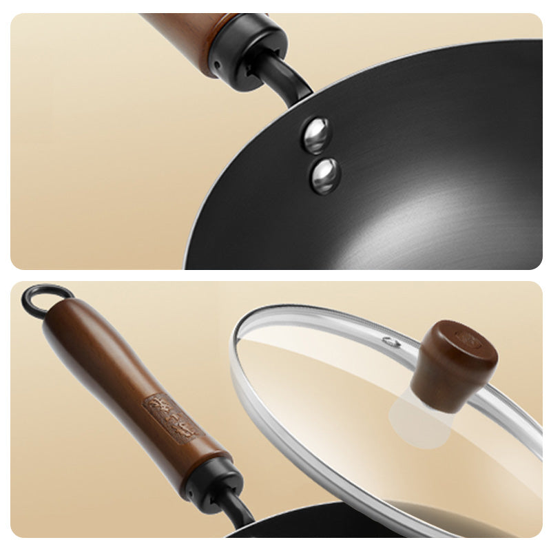Close-up of 20cm coating-free wok with ergonomic wooden handle and tempered glass lid for safe, one-handed cooking.