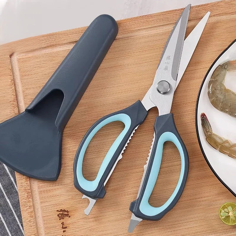 245mm kitchen scissors with blue rubber grip and serrated 30Cr13 stainless steel blades, ideal for multi-functional kitchen use.