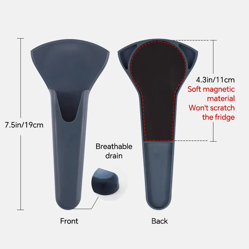Front and back views of magnetic holder for 245mm kitchen scissors, with soft magnetic back and breathable drain design.