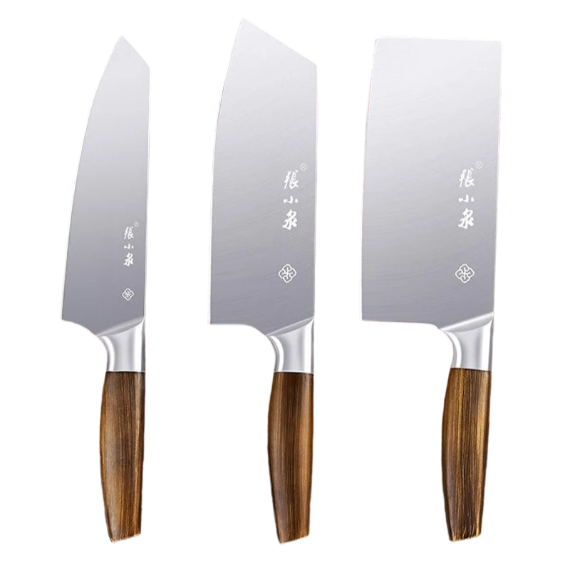3-piece 40Cr13 steel kitchen knife set by Zhang Xiaoquan AU featuring chef, slicing, and cleaver knives with wooden handles for home cooking.