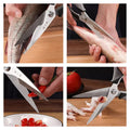 Multi-use kitchen scissors cutting fish, chili, and chicken, demonstrating versatility for various food prep tasks in the kitchen.