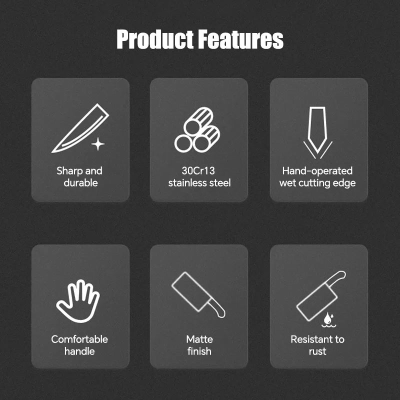 Product features of Zhang Xiaoquan 310mm meat cleaver include 30Cr13 stainless steel, rust resistance, and sharp hand-ground cutting edge.