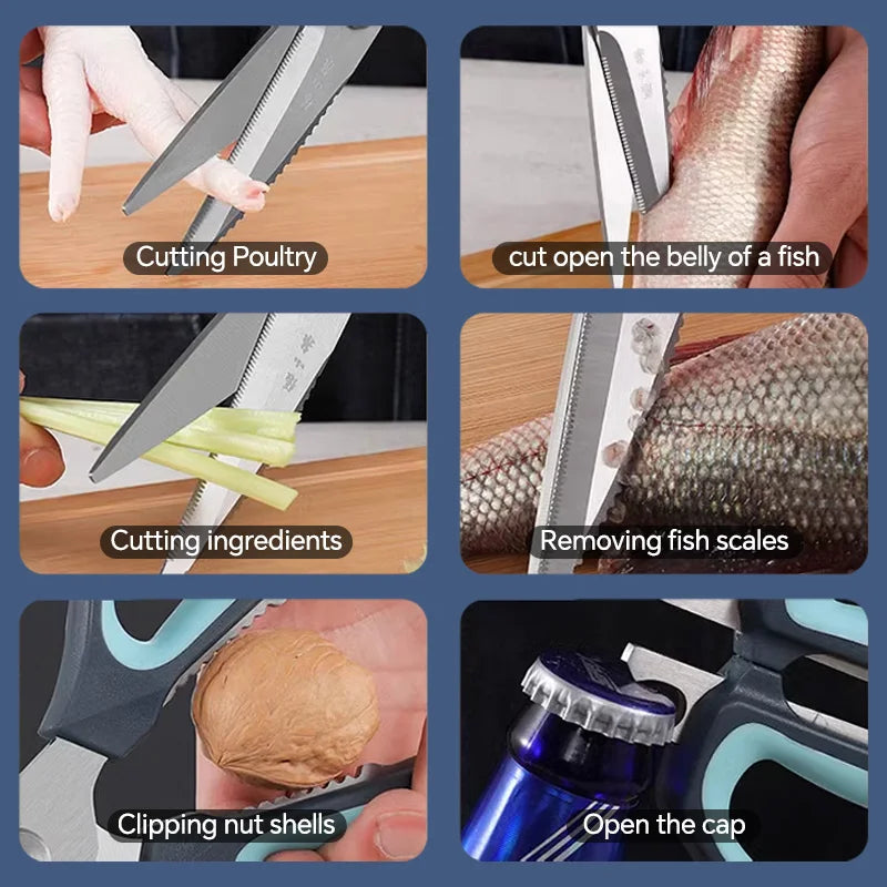 Multi-use kitchen scissors demonstrating cutting poultry, fish, vegetables, cracking nuts, and opening bottles in six panels.
