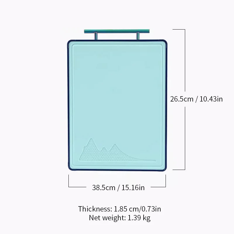 Dimensions of anti-spill bamboo & PP cutting board: 38.5cm x 26.5cm, 1.85cm thick, 1.39kg weight. Ideal for home kitchen food prep.