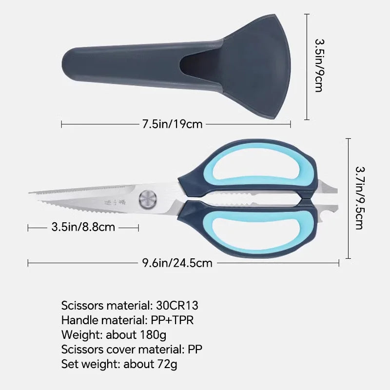 Dimensions and materials of 245mm kitchen scissors and magnetic holder, featuring 30Cr13 steel blades and PP+TPR handles.