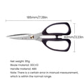 Product dimensions and specifications of the 185mm 30Cr13 Multi-Purpose Scissors, featuring 30Cr13 steel blades and ABS handles.