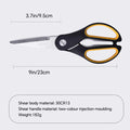 Dimensions and materials of 230mm kitchen scissors with 30Cr13 steel blades and dual-color injection molded handles. Weighs 182g.