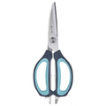 245mm kitchen scissors with blue rubber grip and serrated 30Cr13 stainless steel blades, ideal for multi-functional kitchen use.