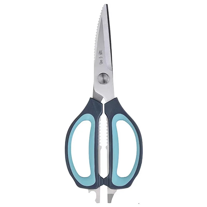 245mm kitchen scissors with blue rubber grip and serrated 30Cr13 stainless steel blades, ideal for multi-functional kitchen use.