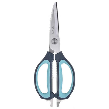 245mm kitchen scissors with blue rubber grip and serrated 30Cr13 stainless steel blades, ideal for multi-functional kitchen use.