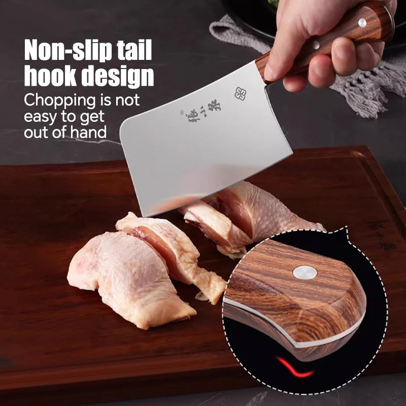 310mm 30Cr13 meat cleaver in use cutting poultry, highlighting non-slip tail hook design for safe and controlled chopping in kitchen tasks.