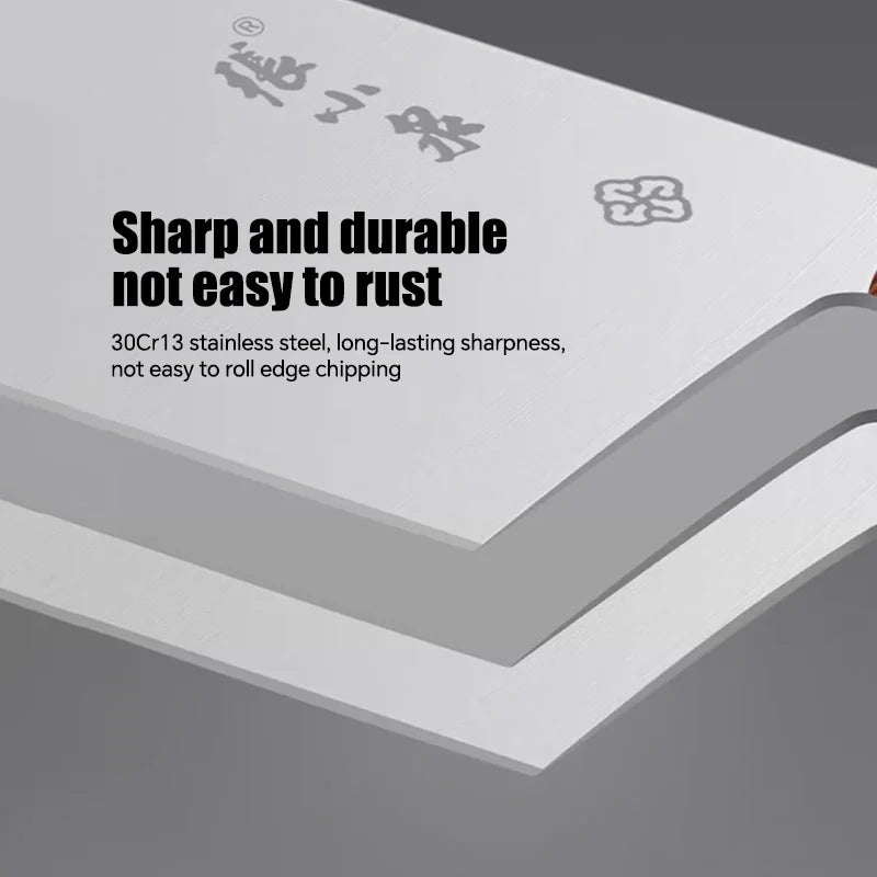 Close-up of 30Cr13 stainless steel blade on 310mm meat cleaver, showing sharp, rust-resistant edge designed for long-lasting durability.