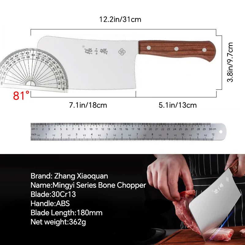 Detailed dimensions of 310mm 30Cr13 meat cleaver with 18cm blade and 13cm handle, weighing 362g, ideal for heavy-duty kitchen chopping tasks.