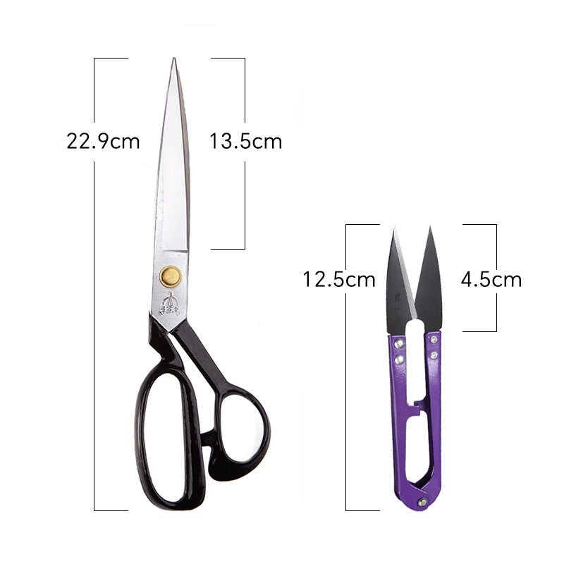 Size comparison chart of Zhang Xiaoquan AU sewing set with 22.9cm tailor shears and 12.5cm thread snips, perfect for fabric and yarn cutting.