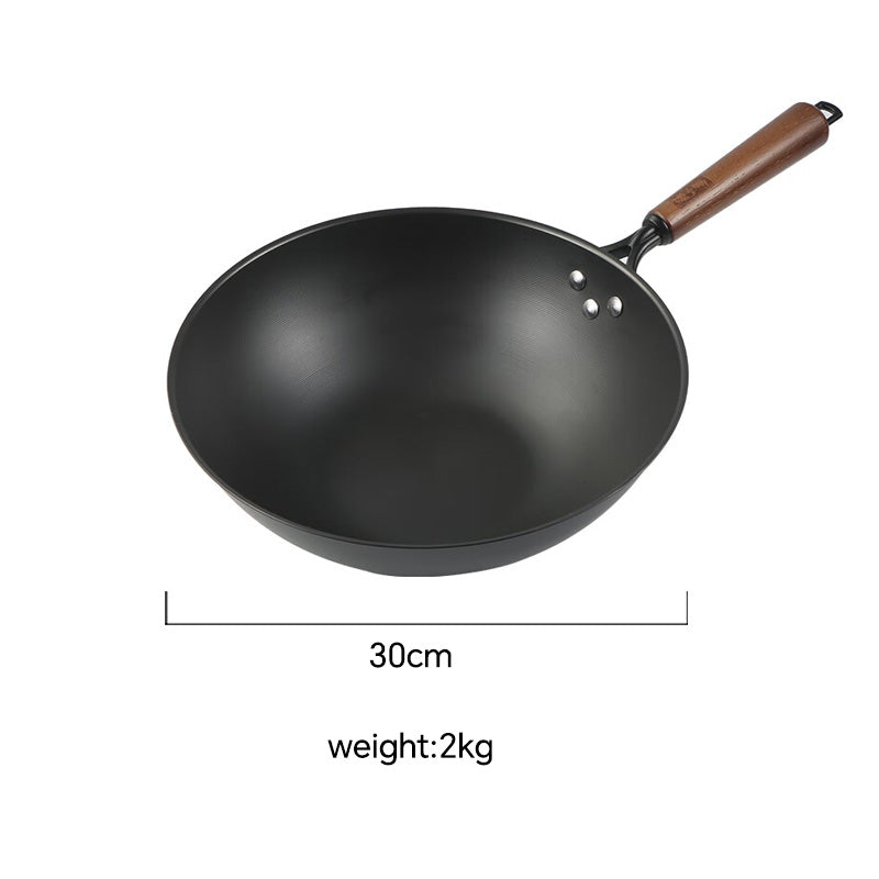 30cm ShouYi Chinese wok with 2kg weight, featuring a wooden handle and uncoated iron body for traditional cooking techniques.