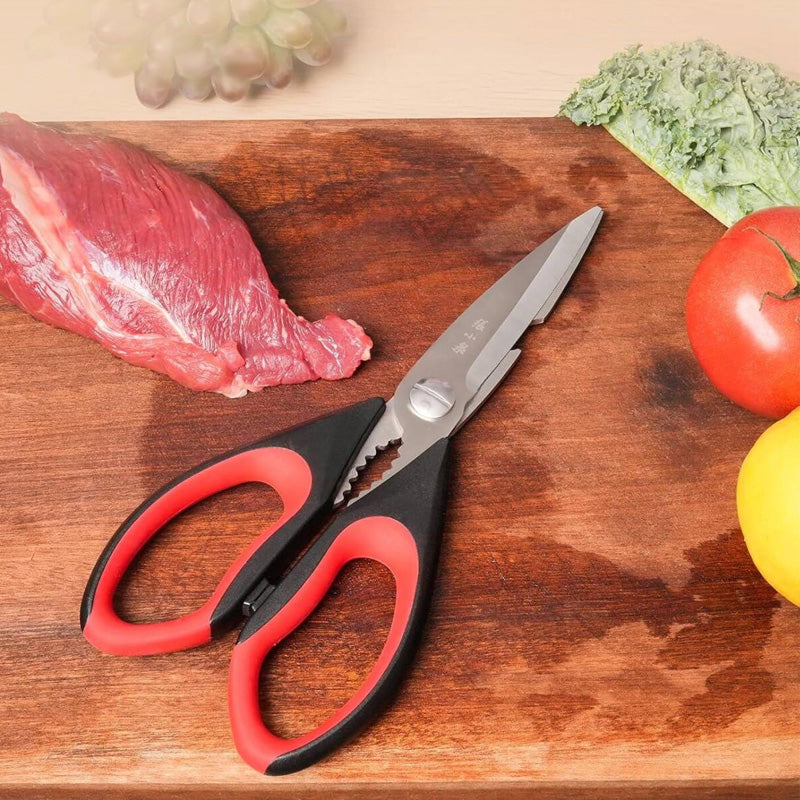225mm 6-in-1 kitchen scissors with ultra-sharp 30Cr13 steel blades and ergonomic red TPR handle, ideal for home cooking tasks.