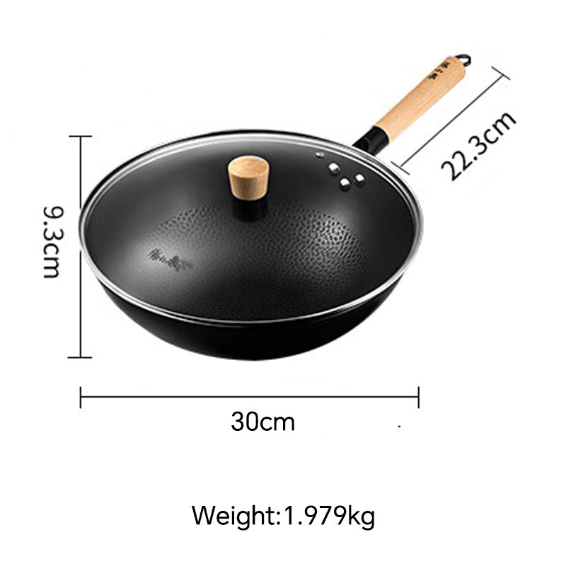 30cm Zhang Xiaoquan AU iron wok with lid, wooden handle, and weight of 1.979kg, ideal for compact kitchen use.