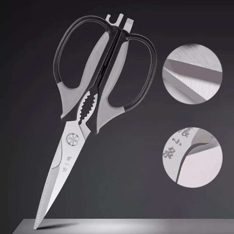 Zhang Xiaoquan kitchen scissors with sharp 30Cr13 blades and multi-use features, ideal for cutting, scaling, and cracking in food prep.