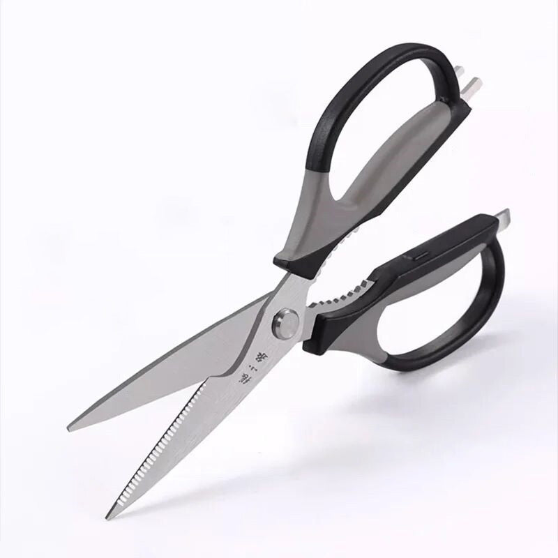 Zhang Xiaoquan 5-in-1 kitchen scissors with serrated 30Cr13 steel blades and black-grey ergonomic handles for versatile kitchen use.