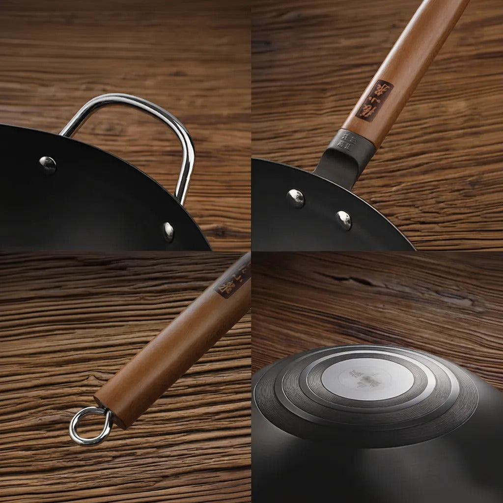 Close-up of 36cm nitrided wok details including wooden handle, helper handle, and induction-compatible base for versatile kitchen use.