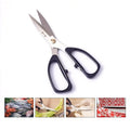 185mm 30Cr13 Multi-Purpose Scissors shown with various cutting applications including seafood, vegetables, and fabric.