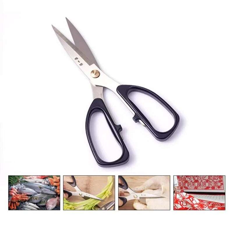185mm 30Cr13 Multi-Purpose Scissors shown with various cutting applications including seafood, vegetables, and fabric.
