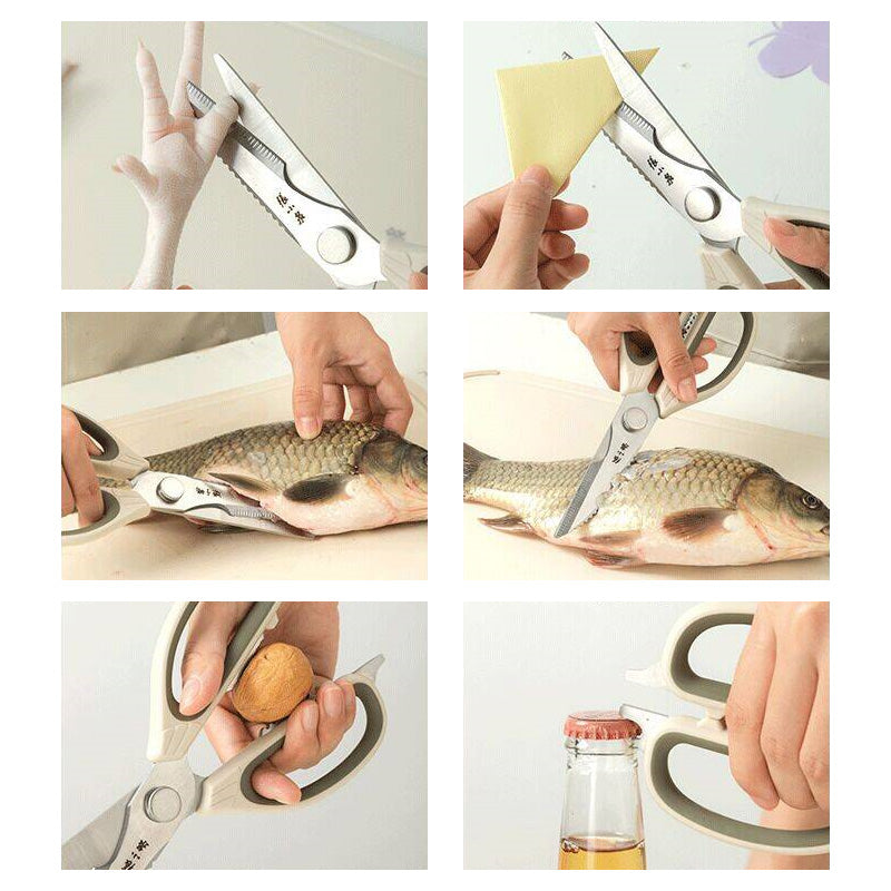 Multipurpose kitchen scissors in action: cutting chicken, cheese, fish, cracking nuts, and opening bottles, showcasing 5-in-1 functionality.