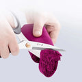185mm 30Cr13 Multi-Purpose Scissors cutting through thick purple fabric, showcasing high blade strength and precision.
