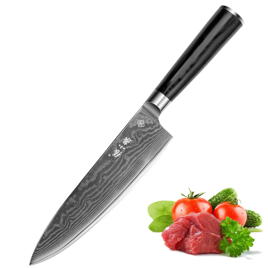 67-layer VG-10 Damascus chef's knife with black pakkawood handle beside fresh vegetables and meat. Ideal for precise kitchen slicing tasks.