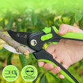 215mm SK5 pruning shears cutting a 19mm thick branch, highlighting perfect cut capability and durable steel blade for heavy-duty gardening.