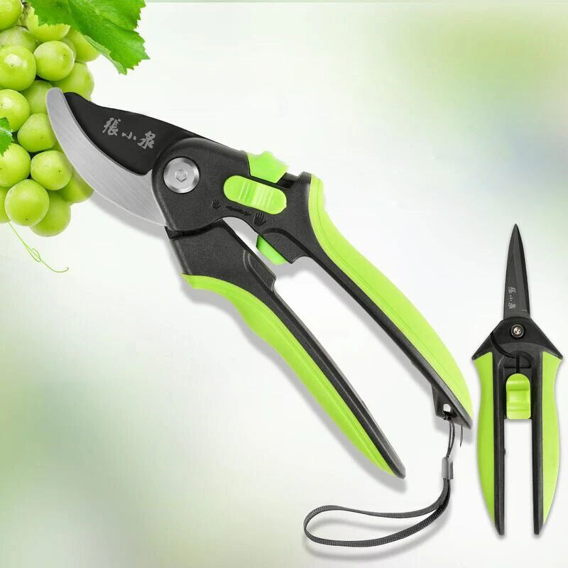 Complete SK5 steel pruning shears set with ergonomic green handles, displayed with grapes, ideal for fruit harvesting and garden maintenance.