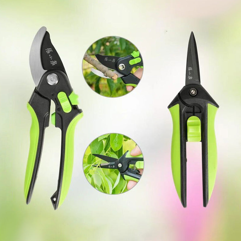 2-piece SK5 steel pruning shears set with 215mm bypass pruner and 160mm precision scissors, featuring anti-slip green handles and safety locks.