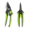 2-piece SK5 steel pruning shears set with 215mm bypass pruner and 160mm precision scissors, featuring anti-slip green handles and safety locks.