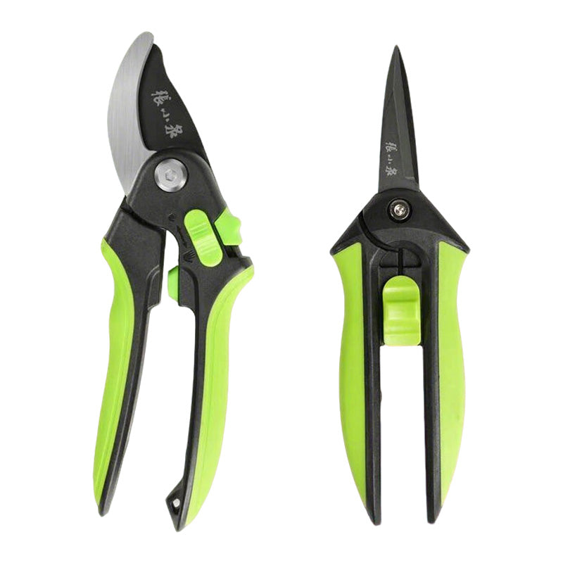 2-piece SK5 steel pruning shears set with 215mm bypass pruner and 160mm precision scissors, featuring anti-slip green handles and safety locks.
