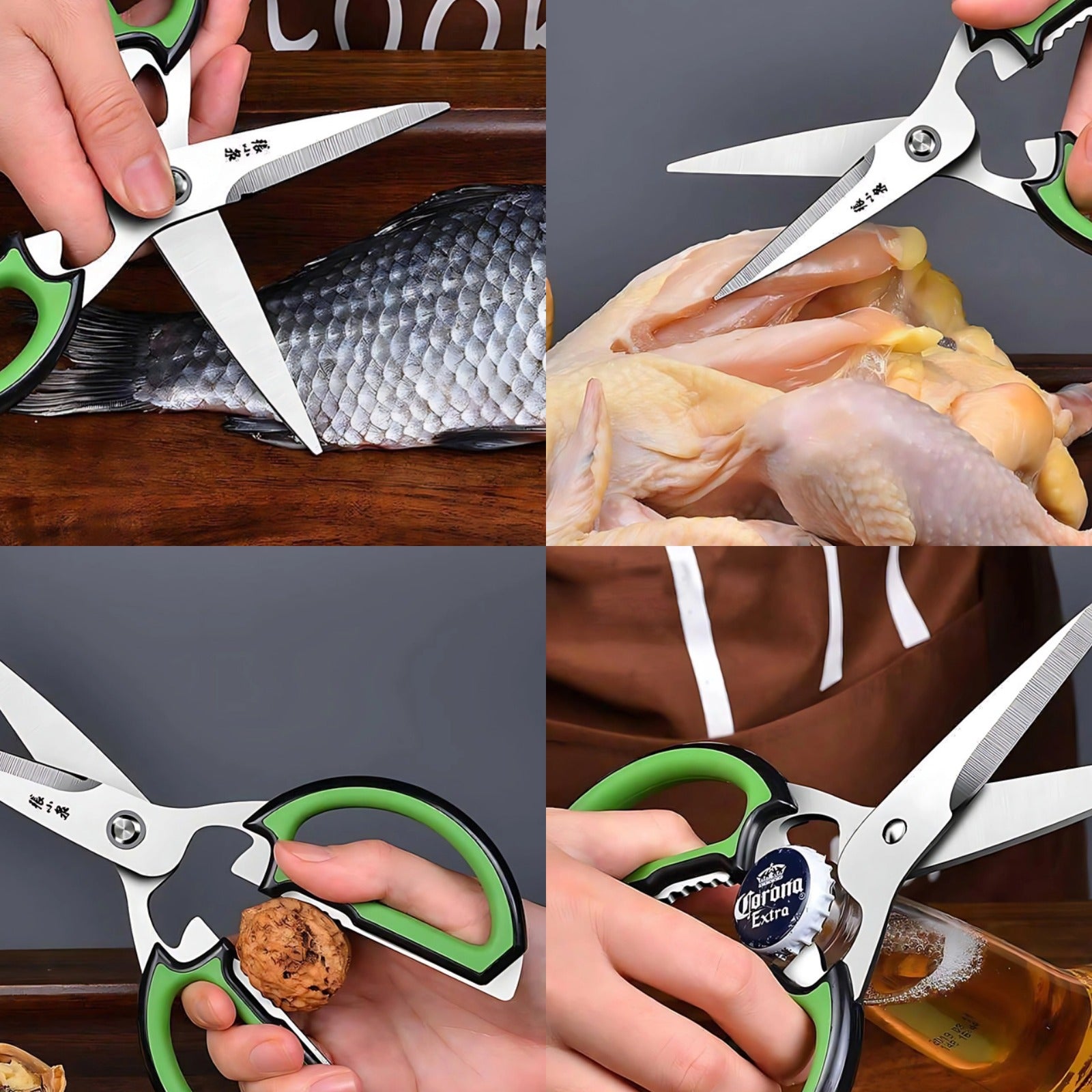 Multi-purpose kitchen scissors cutting fish, chicken, nuts, and opening a bottle.