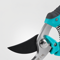 Close-up of PTFE-coated blade on 185mm pruning shears with turquoise handle.