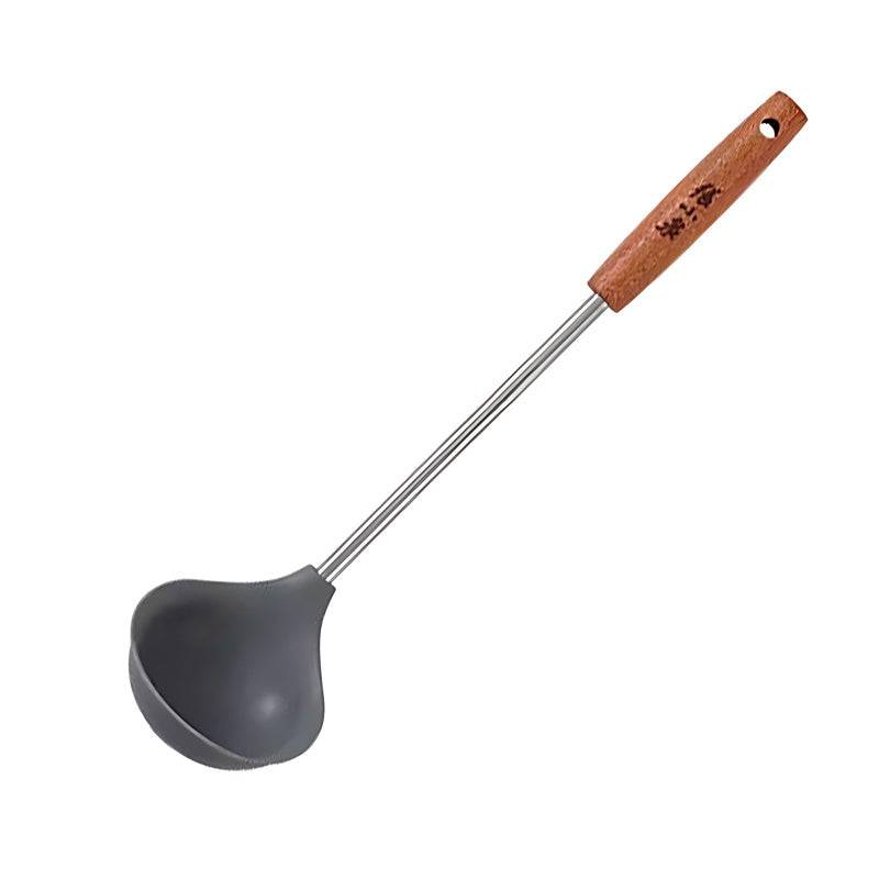 300mm heat-resistant silicone soup ladle with wooden handle.