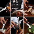 Multi-purpose kitchen scissors cutting fish, chicken, nuts, and opening bottles.