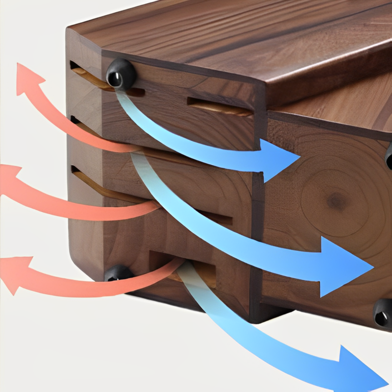 Ventilation system of the walnut-oak knife block for the kitchen knife set.