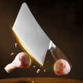 Sharp cleaver from the 50Cr15MoV steel kitchen knife set cutting through meat.