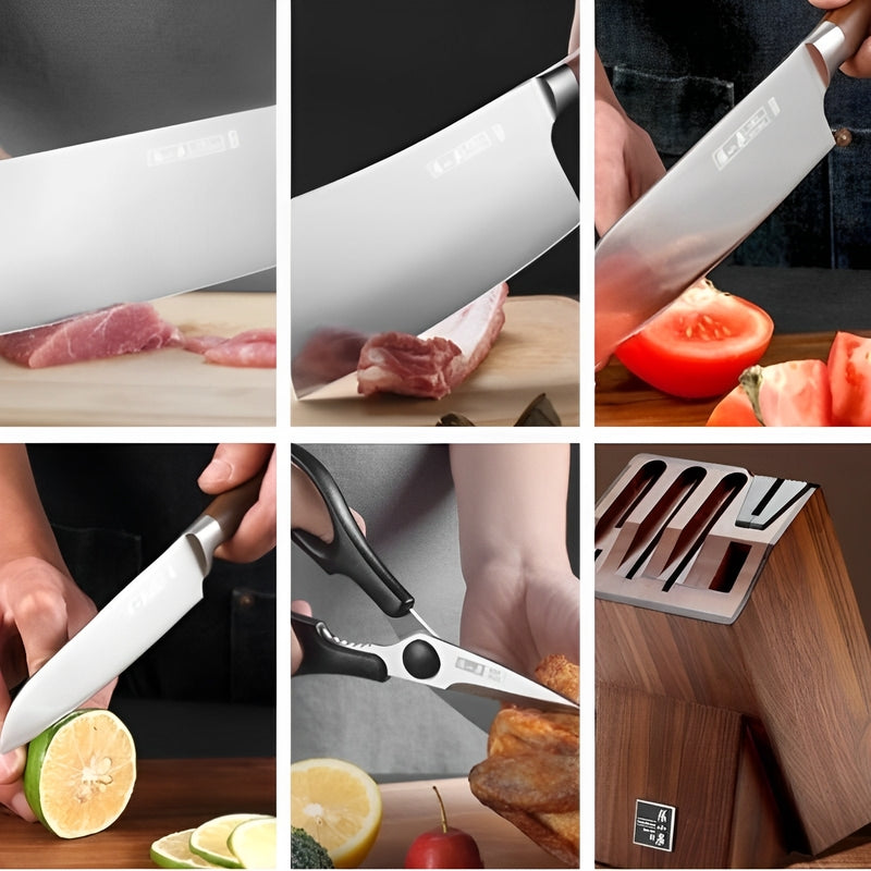 Versatile 50Cr15MoV steel kitchen knives and scissors in action for various tasks.