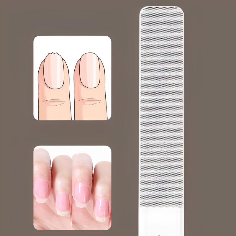 Nail buffer with illustrations showing smooth and polished nails.