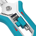 Detailed view of the adjustable lock mechanism on pruning scissors.