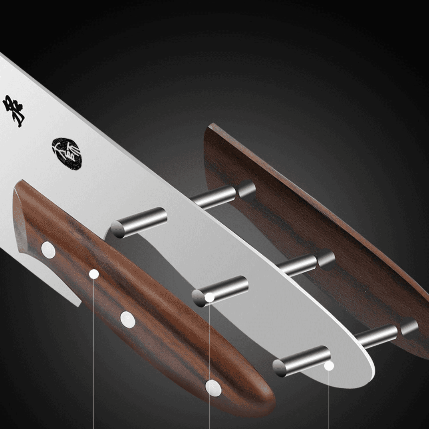 Exploded view of Chinese cleaver's wooden handle and steel construction.