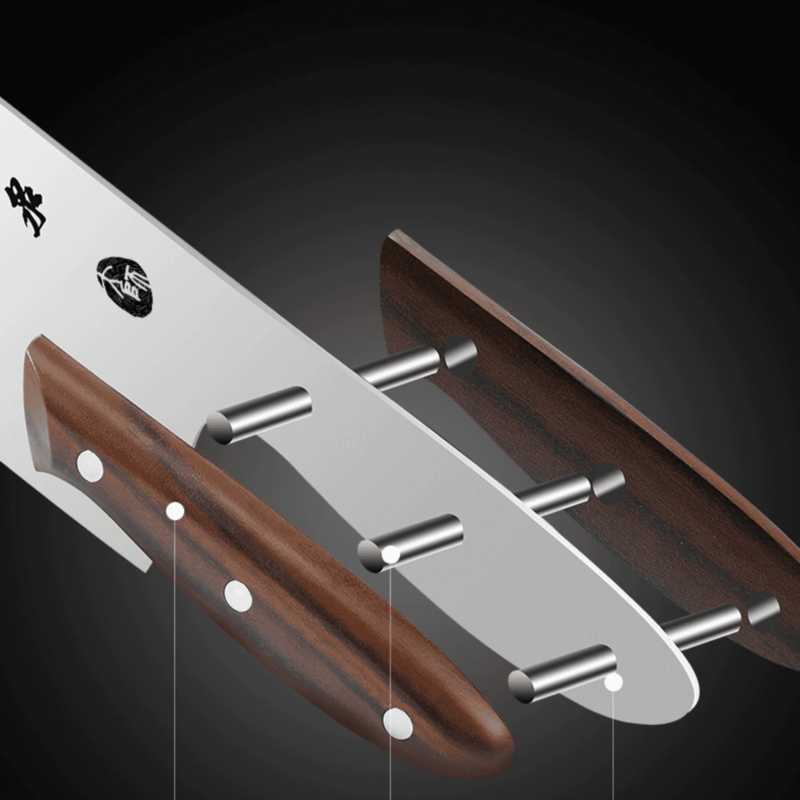 Exploded view of the 310mm cleaver handle, highlighting its ergonomic wooden design and secure riveted construction.