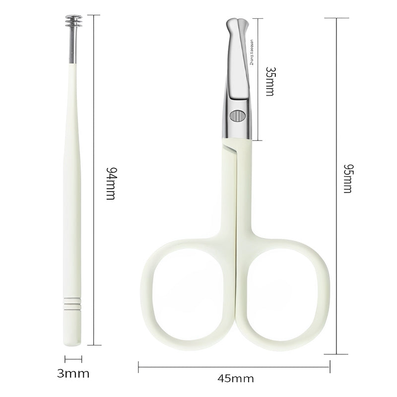 Dimensions of grooming scissors and ear pick tool in millimeters.