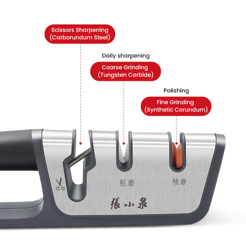 Detailed view of the knife sharpener's sharpening slots and materials.