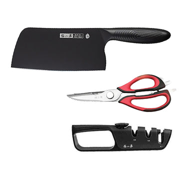 305mm 50Cr15MoV CVD Cleaver, 225mm 30Cr13 Kitchen Scissors & 195mm Pro Sharpener