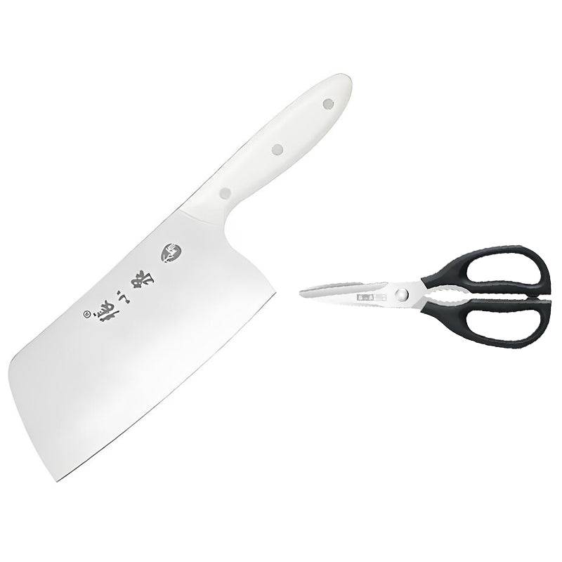 305mm40Cr13 Chinese cleaver with a white handle and 200mm black-handled kitchen scissors set. Ideal for versatile kitchen cutting tasks.