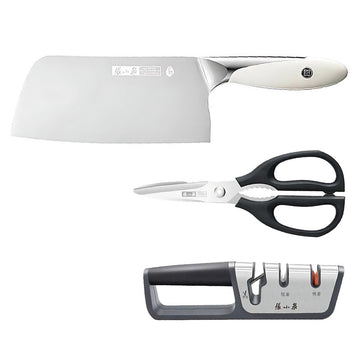 70Cr17MoV Chinese Cleaver, 40Cr13 Kitchen Shears & Sharpener